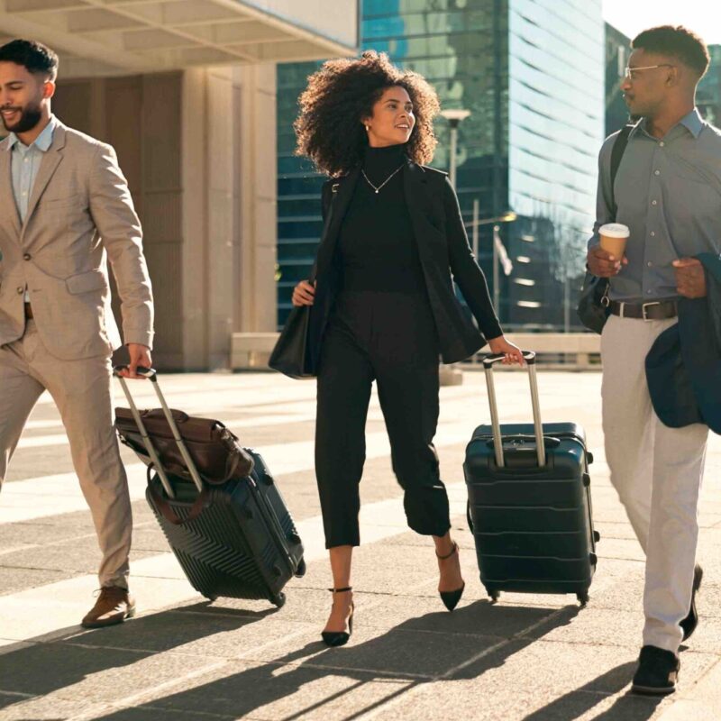 Team of business people walking and travel with suitcase in city